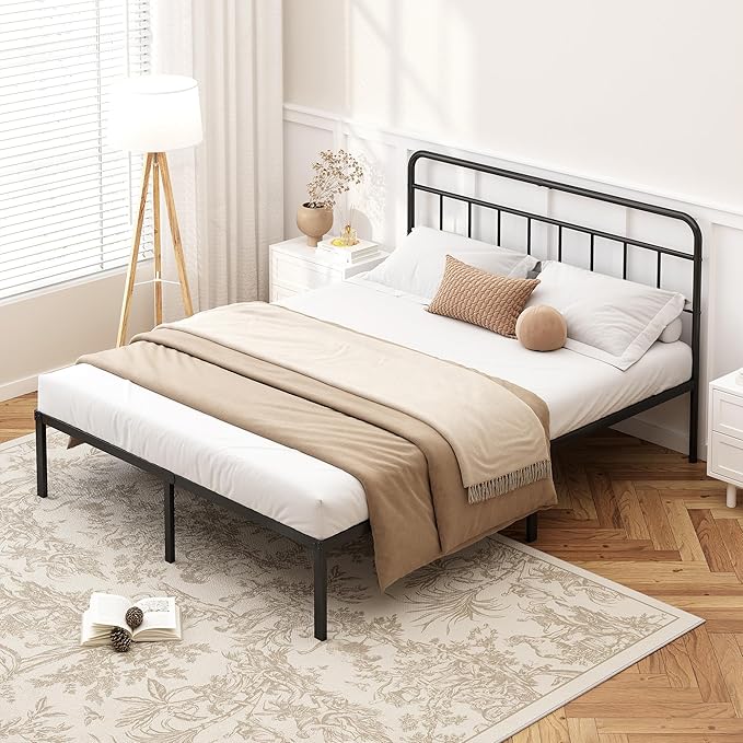 Kujielan 12 inches Full Size Bed Frame with Minimalist headboard,Metal Platform Base with Strong Metal Slats,Mattress Foundation for Under Bed Storage,Easy Assembly,Black