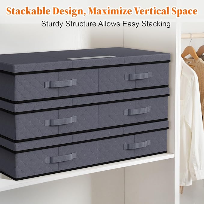 StoreHappily Under Bed Storage Containers with Lids - 3 Pack, Foldable and Stackable Clothes Storage Bags with Clear Window, 3-Sided Handles and Label Slot for Clothing, Blankets, Pillows (Grey)