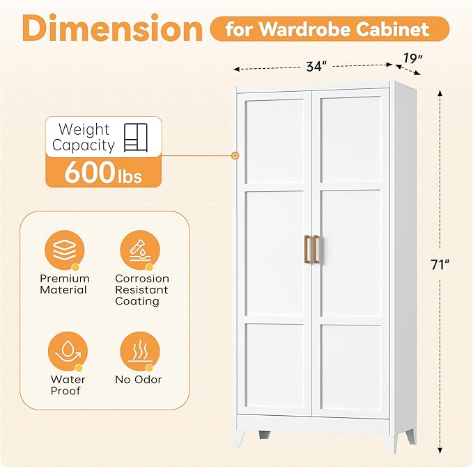 INTERGREAT Metal Wardrobe Closet with 2 Doors, 71” Tall Armoire Wardrobe Closet with Hanging Rod and Adjustable Shelves, Closet for Home Living/Laundry Room(White)
