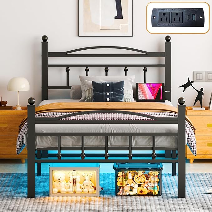 Jenmit Twin Bed Frames with Headboard, LED Bed Frame with Charging Station, Metal Platform, Under-Bed Storage, No Box Spring Needed, Noise Free, Easy Assembly, Black