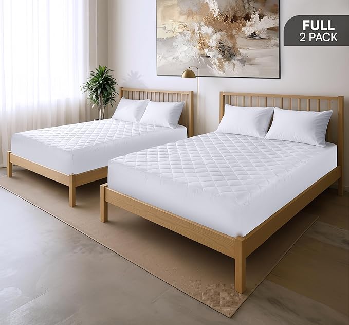 Utopia Bedding 2 Pack Quilted Fitted Mattress Pad, Full Size, Elastic Fitted Mattress Topper Protector and Cover with Deep Pocket Stretches up to 16 Inches, Machine Washable (White)