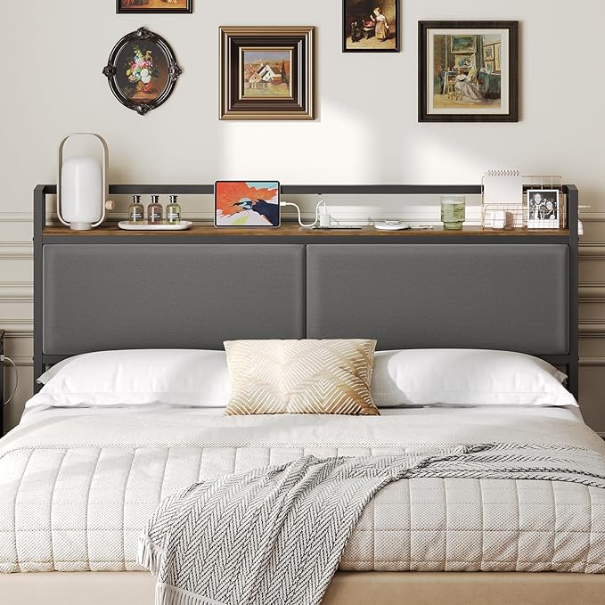 YATINEY Queen Size Headboard with Storage Shelves, Upholstered Headboard with Charging Station, Height Adjustable, Sturdy and Stable, Vintage Style, Rustic Brown, Gray and Black