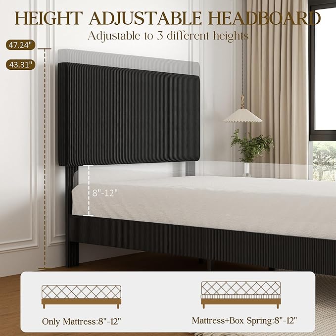 Full Size Bed Frame, Upholstered Platform Bed with Adjustable Headboard, Vertical Fluted Tufted, Soft Corduroy Fabric, Wooden Slats Support, No Box Spring Needed, Easy Assembly, Black