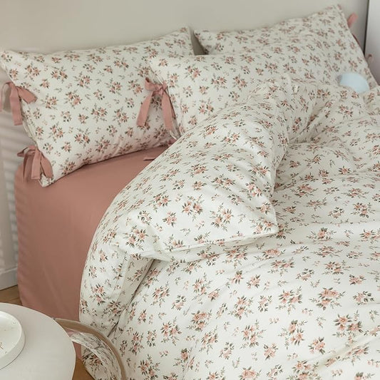 VM VOUGEMARKET Pink Flower Duvet Cover Set Twin 3 Pieces Girls Cottagecore Bedding Set 100% Cotton Peach Floral Comforter Cover with Zipper Closure,Vintage Country Bedding-68x86 Inch