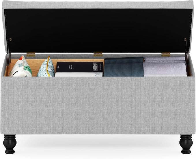 Furinno Laval Button Tufted Storage Ottoman Bench, with Safety Hinged Soft Closed Seat, for Entryway, Bedroom, Living Room, Glacier