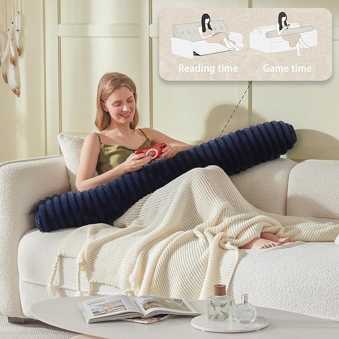 Headboard Pillow + A Long Neck Roll Pillow Body Pillow，Faux Fur Headboard Wedge Pillow with Removable Cover (Blue, Full：54x8x20 inches)