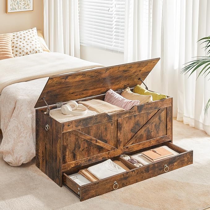 HOOBRO Storage Chest, 43.3" Toy Chest with Drawer, Wooden Storage Bench, Sturdy Entryway Bench Supports 220 lb, Shoe Bench, Safety Hinge, U-Shaped Opening, Easy Assembly, Rustic Brown FG711CW01G1