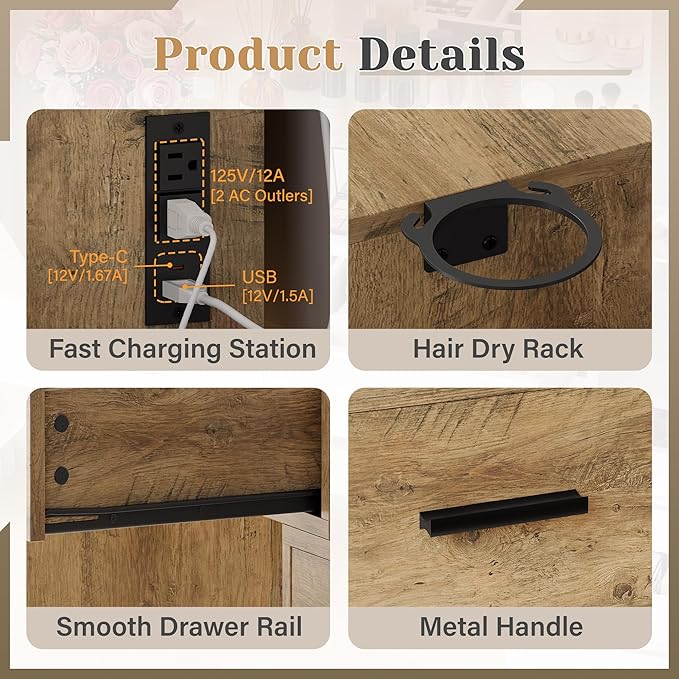 YESHOMY Makeup Vanity Desk with Mirror & Lights, Vanity Table with 5 Drawer, 6 Shelves, Charging Station for Bedroom, Dressing Room, Oak