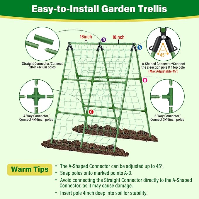 35x51 Inch Cucumber Trellis for Raised Bed, Adjustable A-Frame Garden Trellis for Climbing Plants Outdoor with Climbing Net, Meal Plant Trellis for Vegetables Pea Bean Tomato Squash Grape