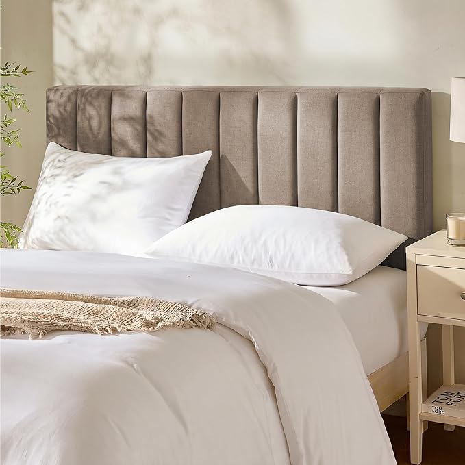 Hearth & Harbor Upholstered Full Headboard - Easy Assemble Channel Stitched Headboard Full Size - Wall Mounted Headboards with 3D Soundproof Wall Panels Peel & Stick Floating Headboards, Mocha