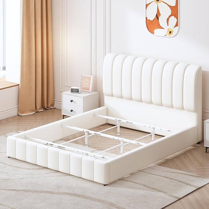 Bed Frame Support System - 3 Cross Rails and 6 Adjustable Legs,Universal Strong Center Support Beams for Full, Queen and King Metal/Wood/Upholstered Bed-White