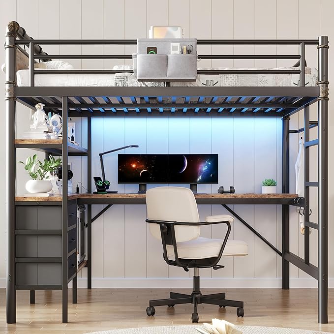 Full Size Loft Bed with L-Shaped Desk, LED Lights,Charging Station, Industrial Heavy Duty Metal Loft Bed Frame with 3 Storage Shelves and 3 Fabric Drawers, Safety Guard & Ladder, Vintage Brown