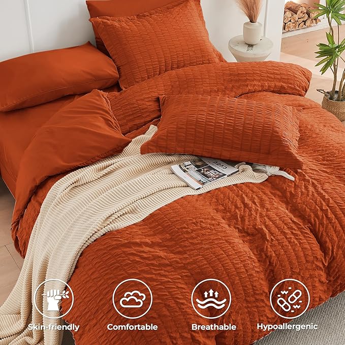 HYMOKEGE Burnt Orange Twin Comforter Set Seersucker 5 Pieces, All Season Luxury Bed in a Bag for Bedroom, Bedding Set with Comforters, Sheets, Pillowcase & Sham