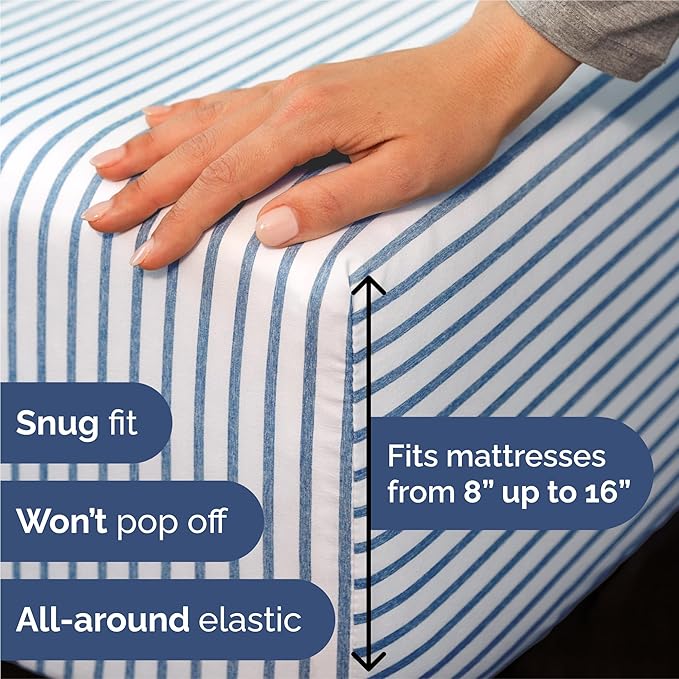 Split King 7 Piece Sheet Set - Comfy, Breathable & Cooling - Hotel Luxury Bedding for Women, Men, Kids, Teens and Children - 1 Flat & 2 Fitted Sheets & 4 Pillowcases w/ Deep Pockets - Blue Stripes 2