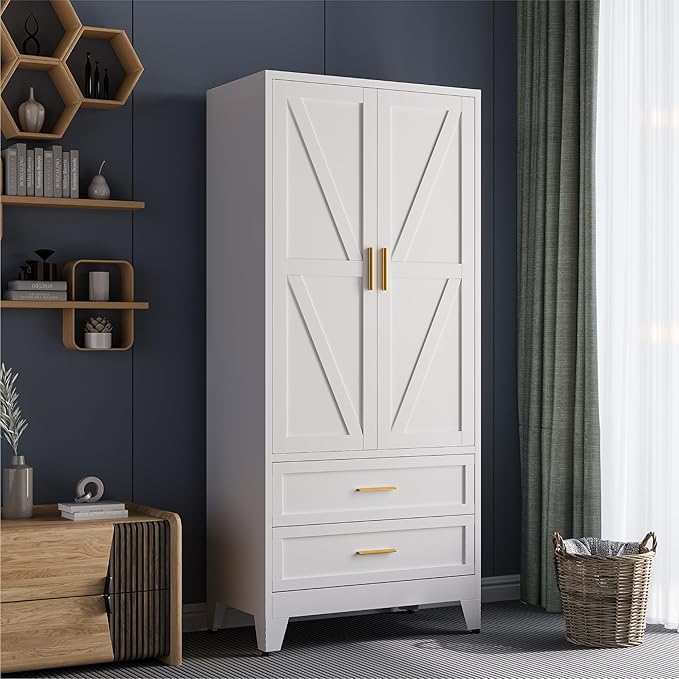 COFaR 71" Metal Wardrobe Closet with 2 Drawers & Hanging Rod, Freestanding Armoire Storage Cabinet with Adjustable Shelf and 2 Doors, White Steel Closet Organizer for Bedroom