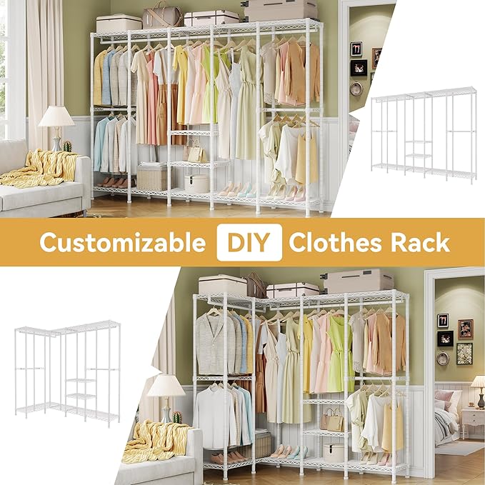 Higeego H5 Extra Large Heavy Duty Clothes Rack, Wire Garment Rack, Freestanding Clothing Rack for Hanging Clothes, Wardrobe Closet with Adjustable Shelf, 93.3" Wx15.7 Dx75.4 H, White, Load 1400 lbs
