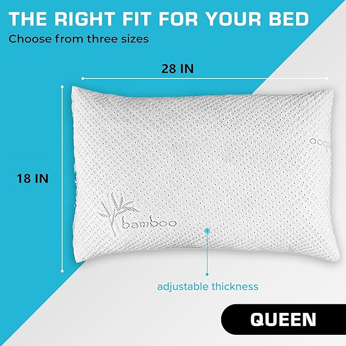 Xtreme Comforts GREENGUARD Certified Queen Pillows for Sleeping (2 Pack) | Adjustable Shredded Memory Foam Pillows with Removable Cover | Support for Side, Back & Stomach Sleeper