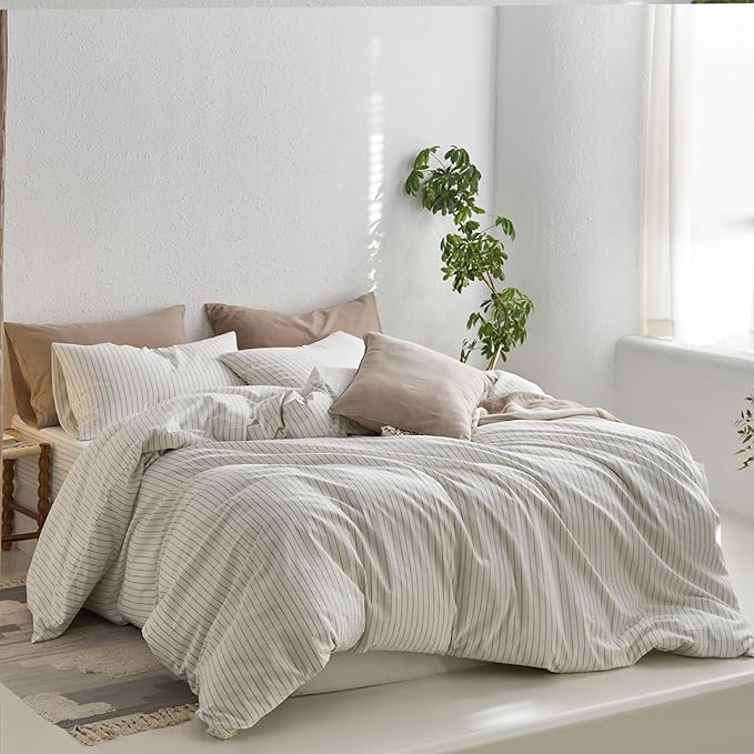 MooMee Striped Duvet Cover Set 100% Washed Cotton Linen Like Textured Breathable Durable Soft Comfy (White Sage Green Wide Stripes, Palatial King/Oversized King 120"x98")