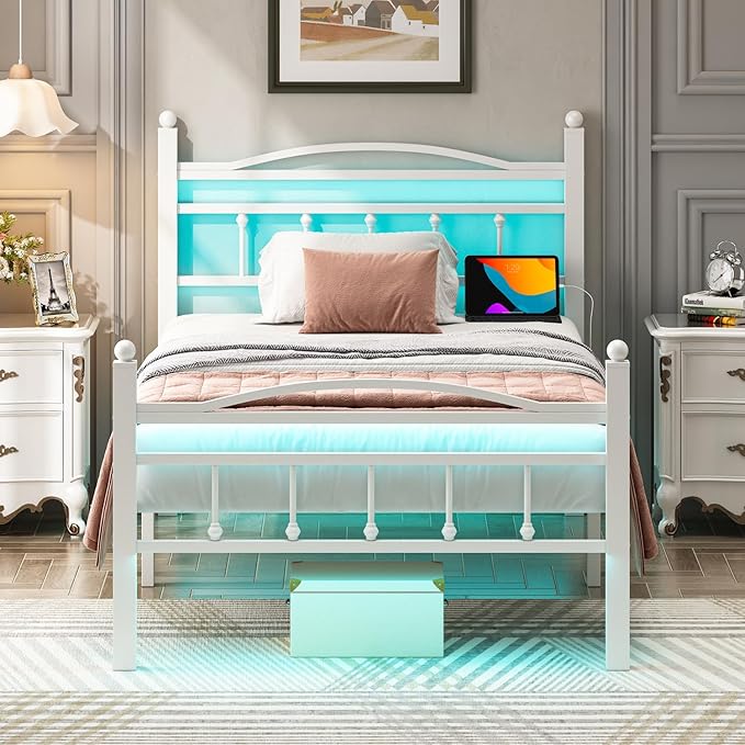 Jenmit Twin Bed Frames with Headboard, LED Bed Frame with Charging Station, Metal Platform, Under-Bed Storage, No Box Spring Needed, Noise Free, Easy Assembly, White