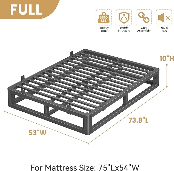 10 Inch Full Size Bed Frame with Rounded Corner and Squeak Free U-Slot Design, Metal Platform Bed Frames 6 Non-Slip Guards, 3500lbs Heavy Duty Steel Slat Support, No Box Spring Needed, Black