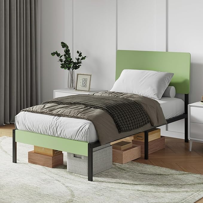 Novilla Twin Bed Frame with Modern Wooden Headboard, Easy Assembly & Noise-Free, Under-Bed Storage, Sturdy Metal Platform for Bedroom & Guest Room, No Box Spring Needed