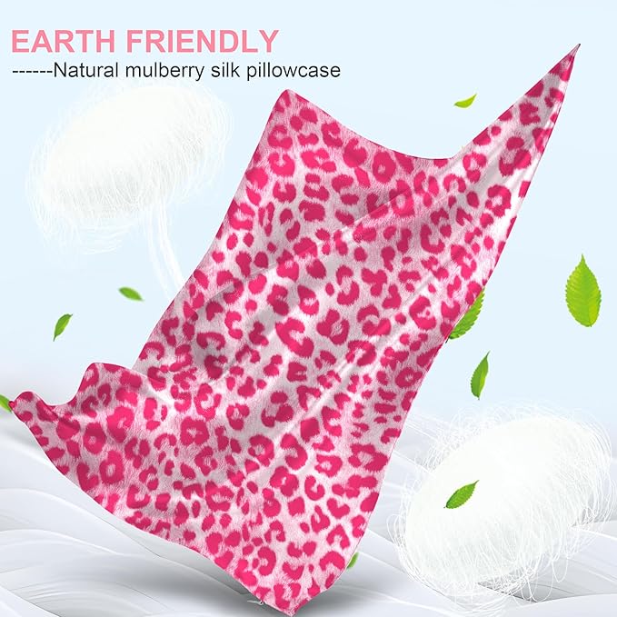 Silk Pillow Cases 2 Pack Queen Size with Hidden Zipper, Mulberry Silk Pillowcase for Hair and Skin, Smooth and Soft Breathable Cooling Silk Satin Pillowcase Set of 2, Gifts for Women，Leopard Pink