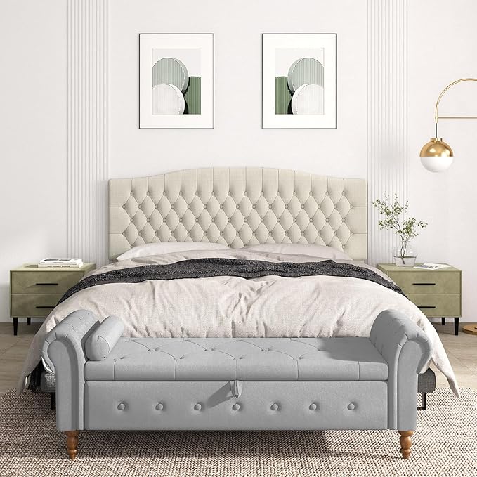 Befurtori Linen Upholstered Headboard King Size, Tufted King Headboard for King/California King Adjustable Bed, Curved Integrated Design with Tufted Solid Wood Head Board (Light Cream)