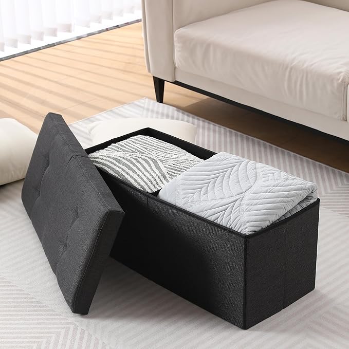 Storage Ottoman Bench Foldable Seat Footrest Shoe Bench End of Bed Storage with Flipping Lid, 75L Storage Space, 30 inches Linen Fabric Black
