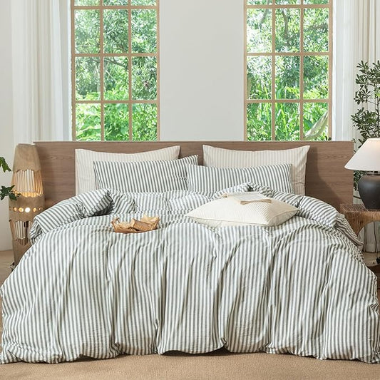 MooMee Striped Duvet Cover Set 100% Washed Cotton Linen Like Textured Breathable Durable Soft Comfy (Heathered Green Classic Stripes, Full 80"x90")