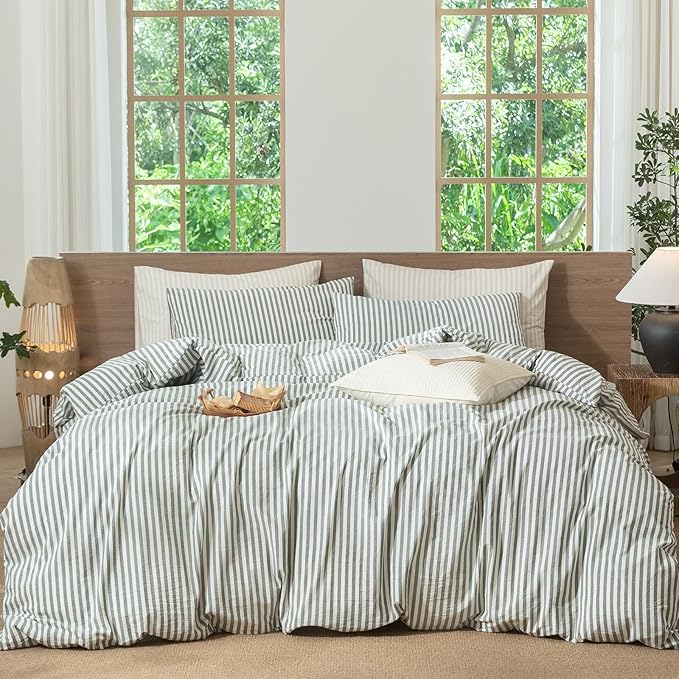 MooMee Striped Duvet Cover Set 100% Washed Cotton Linen Like Textured Breathable Durable Soft Comfy (Heathered Green Classic Stripes, Oversized King Plus 128"x120")