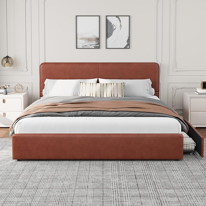 GarveeHome Modern Upholstered Platform Bed Frame with Headboard and Storage Drawers – PU Brown Faux Leather, Wood Slat Support, Sturdy, Noise-Free, Easy Assembly – Queen Size, PU Brown