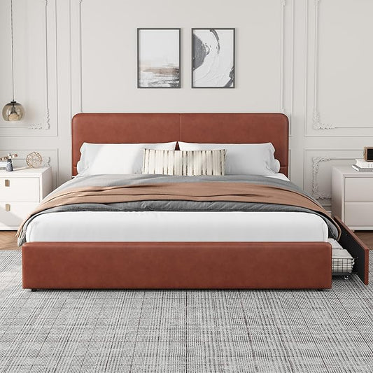 GarveeHome Modern Upholstered Platform Bed Frame with Headboard and Storage Drawers – PU Brown Faux Leather, Wood Slat Support, Sturdy, Noise-Free, Easy Assembly – Queen Size, PU Brown