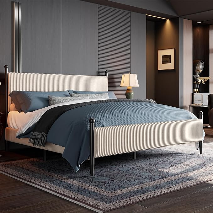 Garvee King Size Upholstered Bed Frame - with Velvet Headboard, Soft Corduroy Fabric Platform with Wooden Slats Support & Heavy Duty Feet, No Box Spring Needed, Noise Free, Easy Assembly, White