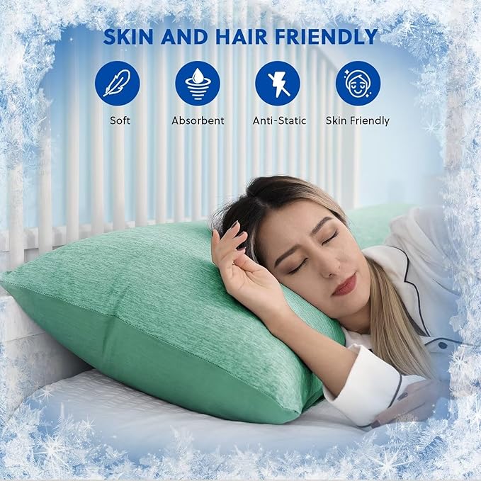 HOMFINE Cooling Pillowcases Queen Size - Double Side Q-Max 0.439 Cooling Fiber for Pillow Protector, Breathable Cold Pillow Cover for Hot Sleeper Night Sweat, Hidden Zipper, 2 Pack (20"x30", Green)