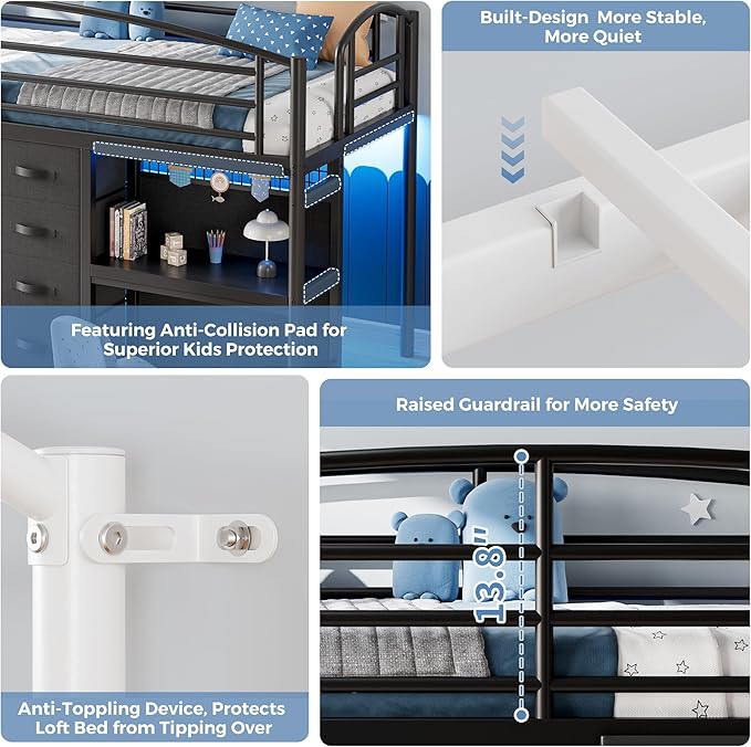 Low Loft Bed Twin Size with 7 Storage Drawers, Desk and LED Lights, Heavy Duty Metal Kids Loft Bed with 12" H Safety Guardrail, Anti-Collision Pad, Private Play Curtain, Under-Bed Play Space - Black
