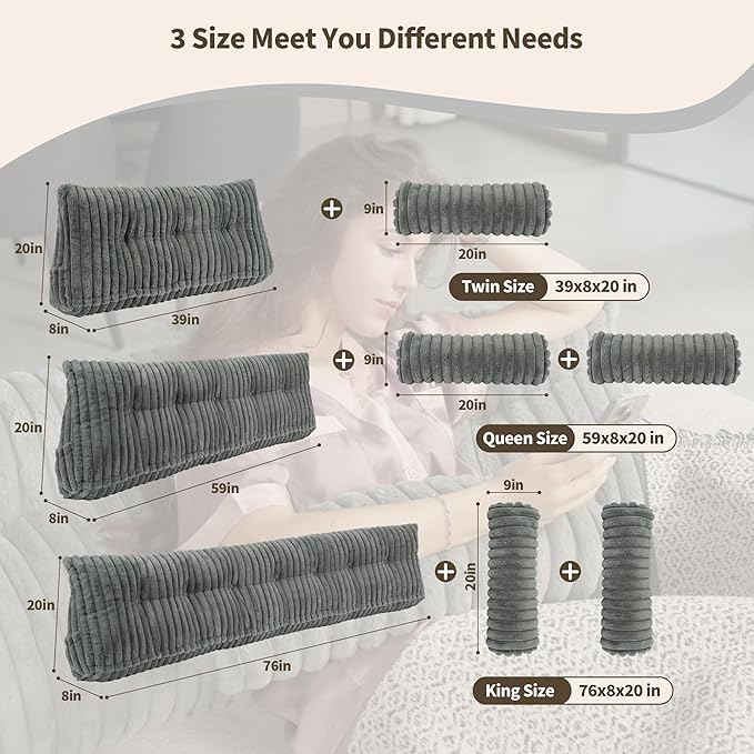 Headboard Pillow Twin, Faux Fur Wedge Pillow Headboard for Bed Sitting Up,Back Support Pillows for Reading, Working with 2 Pack Neck Bloster Pillows (Grey, Twin: 39x8x20 Inches)