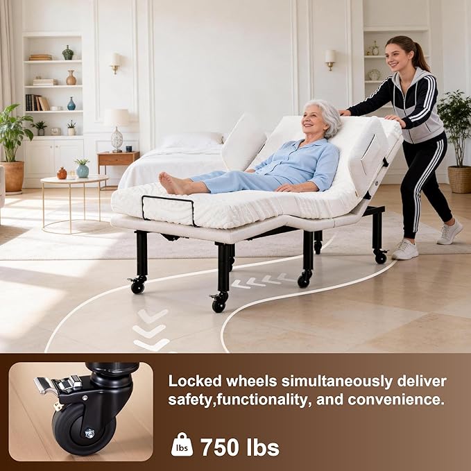 Fromann Twin XL Adjustable Bed Frame with Side Rails for Elders, Adjustable Base with Wheels, Eletric Bed Base Remote & Massage, Zero Gravity, Head and Foot Incline, Nightlights