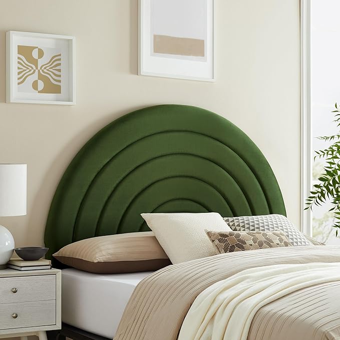 Modway Solana Soft Arch Shaped Round Full Headboard in Moss Green – Upholstered Headboard – Stain-Resistant Performance Velvet Headboard for Full Size Beds