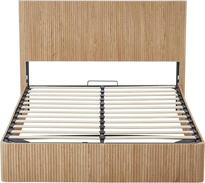 Bellemave Queen Lift Up Storage Bed, Oak Wood Lift Up Bedframe,Wooden Corrugated Curved Lines, Hydraulic Storage,Oak