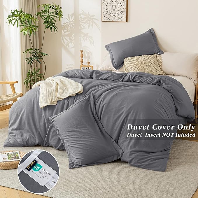 MILDLY Super Soft Duvet Cover - 100% Washed Microfiber Dark Grey Comforter Cover Set 3 Pieces with Zipper Closure & Corner Ties (No Comforter)