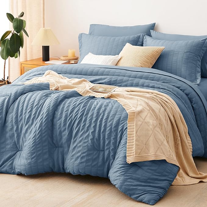 CozyLux Oversized Queen Comforter Set Grayish Blue Seersucker 7 Pieces 98x98 Bed in a Bag Comforter Set with Sheets, Dusty Blue Bedding Set with Down Alternative Comforter, Sheets, Pillowcases & Shams