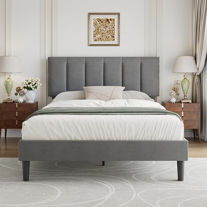 VECELO Queen Bed Frame with Upholstered Headboard, Heavy-Duty Platform Bedframe with Strong Wooden Slats Support, No Boxing Spring Needed, Dark Grey