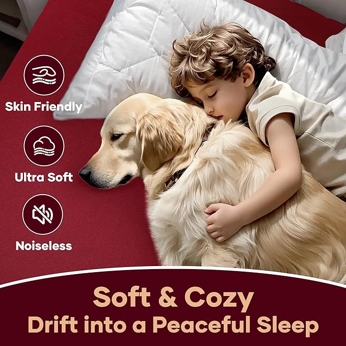 OhGeni 100% Waterproof Mattress Protector, Queen Size Red, Fitted Sheet with Deep Pockets, 6''-18'', Premium Noiseless Breathable Soft Material, Mattresses Cover for Bed