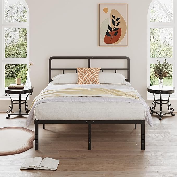 DiaOutro 16 Inch Queen Bed Frame with Headboard No Box Spring Needed, Heavy Duty Metal Queen Size Platform with Steel Slat, Mattress Foundation, Easy Assembly, No Noise, Black