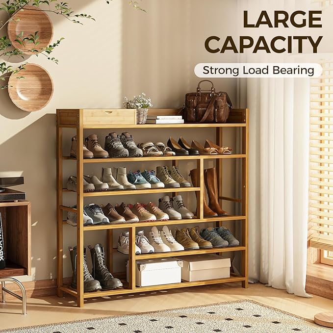 Bamworld Shoe Rack for Front Door Entrance Bamboo Shoe Organizer with Storage Box Free Standing Shoe Cabinet Shoe Storage Shelf for entryway, Closet and Doorway (Natural)
