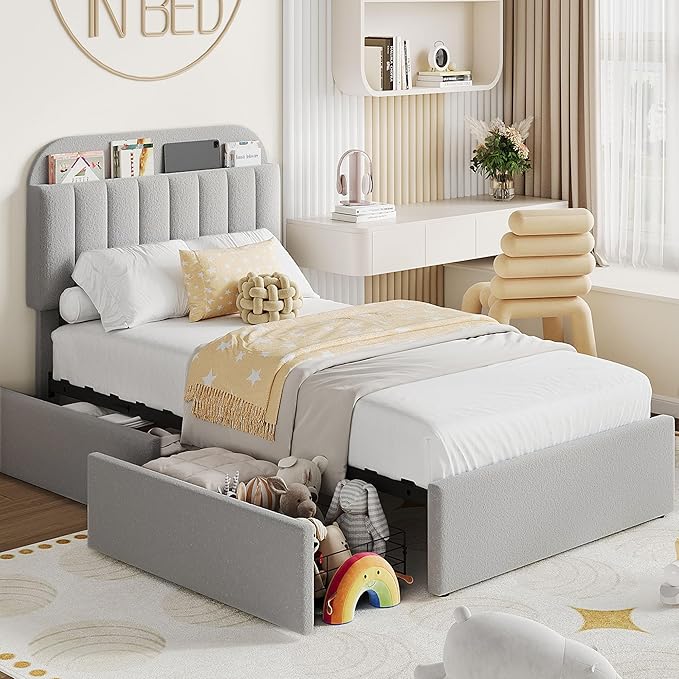 Garvee Twin Size Bed Frame with 2 Flexible Drawers, Boucle Upholstered Platform Bed Frame with Bookcase Headboard, Bedframe for Kids/Girls/Boys, Easy Assembly, No Box Spring Needed, Noise Free, Grey