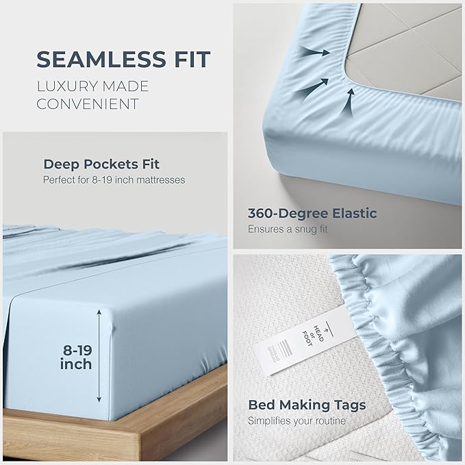 THREAD SPREAD 100% Egyptian Cotton King Size Sheets Set - Luxury 1500 Series Egyptian Cotton Sheets King Size (4 PC, Light Blue), Silky Soft, Sateen, Cooling & Breathable, 17" Deep Pocket Bed Set