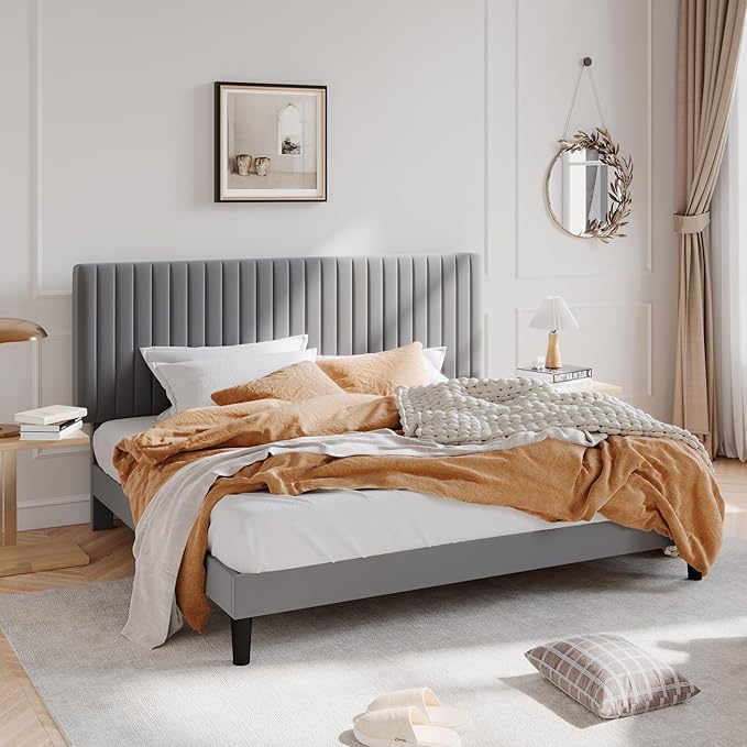 SHA CERLIN King Upholstered Platform Bed Frame with Vertical Channel Tufted Velvet Fabric Adjustable Headboard, Wooden Slats Support, Mattress Foundation, Box Spring Optional, Grey