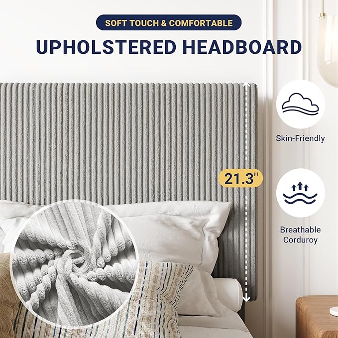 Allewie Full Bed Frame, Upholstered Platform Bed, Adjustable Vertical Channel Tufted Headboard, Corduroy Fabric, Modern Low Profile, Wooden Slats, No Box Spring Needed, Easy Assembly, Light Grey