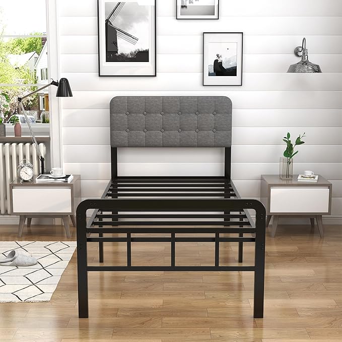 EMODA 16 Inch Twin XL Bed Frames with Upholstered Headboard and Metal Footboard, Heavy Duty XL Twin Metal Bed Frame, No Box Spring Needed, Easy Assembly